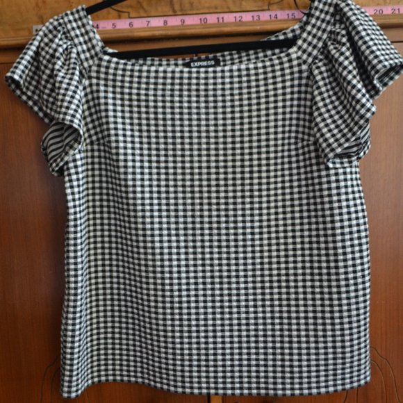 Express Gingham Off Shoulder Ruffle Sleeve Blouse - Picture 1 of 4